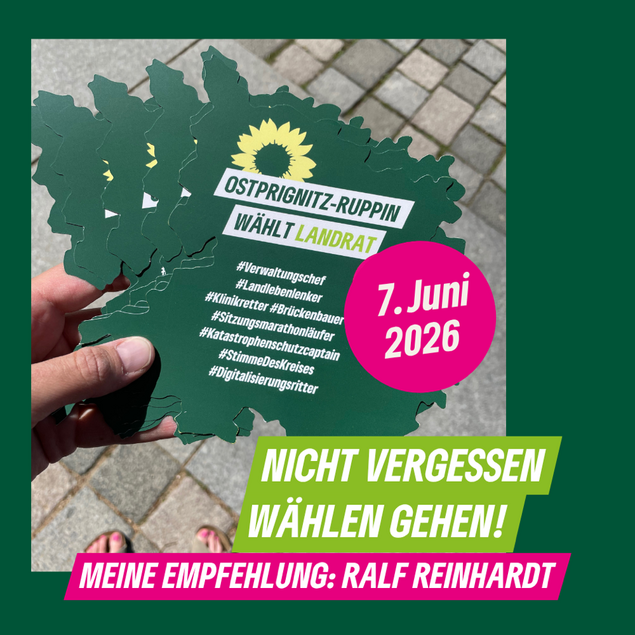 Das Bild zeigt bündnisgrüne Flyer zur Landratswahl, die in der Form des Landkreises Ostprignitz-Ruppin ausgestanzt sind und folgende Aufschrift haben: "Ostprignitz-Ruppin wählt Landrat: #Verwaltungschef #Landlebenlenker #Klinikretter #Brückenbauer #Sitzungsmarathonläufer #Katastrophenschutzcaptain #StimmeDesKreises #Digitalisierungsritter" Dazu steht folgender Text: 7. Juni 2026 Nicht vergessen wählen gehen! Meine Empfehlung: Ralf Reinhardt